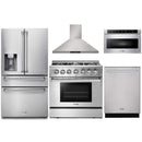 Thor Kitchen 5-Piece Pro Appliance Package - 36-Inch Dual Fuel Range with Liquid Propane Cooktop, Refrigerator with Water Dispenser, Wall Mount Hood, Dishwasher & Microwave Drawer in Stainless Steel