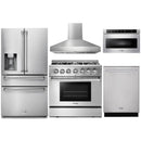 Thor Kitchen 5-Piece Pro Appliance Package - 36-Inch Dual Fuel Range with Liquid Propane Cooktop, Refrigerator with Water Dispenser, Pro-Style Wall Mount Hood, Dishwasher & Microwave Drawer in Stainless Steel