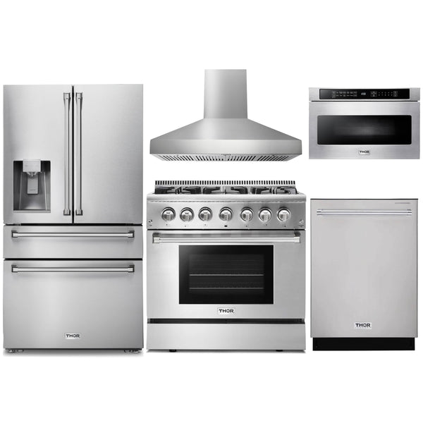 Thor Kitchen 5-Piece Pro Appliance Package - 36-Inch Dual Fuel Range with Liquid Propane Cooktop, Refrigerator with Water Dispenser, Pro-Style Wall Mount Hood, Dishwasher & Microwave Drawer in Stainless Steel