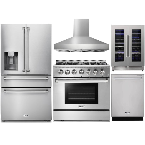Thor Kitchen 5-Piece Pro Appliance Package - 36-Inch Dual Fuel Range with Liquid Propane Cooktop, Refrigerator with Water Dispenser, Pro-Style Wall Mount Hood, Dishwasher, & Wine Cooler in Stainless Steel