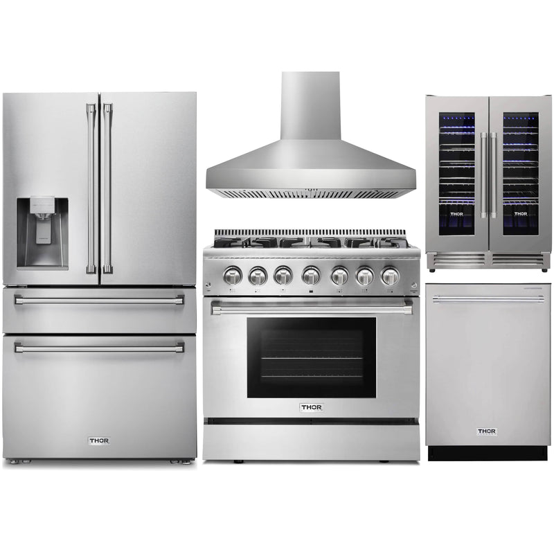 Thor Kitchen 5-Piece Pro Appliance Package - 36-Inch Dual Fuel Range with Liquid Propane Cooktop, Refrigerator with Water Dispenser, Pro-Style Wall Mount Hood, Dishwasher, & Wine Cooler in Stainless Steel