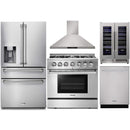 Thor Kitchen 5-Piece Pro Appliance Package - 36-Inch Dual Fuel Range with Liquid Propane Cooktop, Refrigerator with Water Dispenser, Wall Mount Hood, Dishwasher, & Wine Cooler in Stainless Steel
