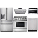 Thor Kitchen 5-Piece Pro Appliance Package - 36-Inch Gas Range with Liquid Propane Kit, Refrigerator with Water Dispenser, Under Cabinet Hood, Dishwasher, & Microwave Drawer in Stainless Steel