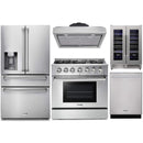 Thor Kitchen 5-Piece Pro Appliance Package - 36-Inch Gas Range with Liquid Propane Kit, Refrigerator with Water Dispenser, Under Cabinet Hood, Dishwasher, & Wine Cooler in Stainless Steel