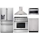 Thor Kitchen 5-Piece Pro Appliance Package - 36-Inch Gas Range with Liquid Propane Kit, Refrigerator with Water Dispenser, Wall Mount Hood, Dishwasher, & Microwave Drawer in Stainless Steel