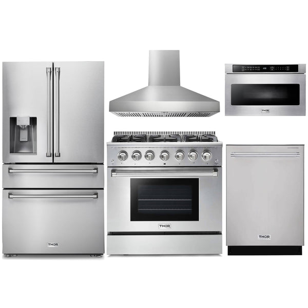 Thor Kitchen 5-Piece Pro Appliance Package - 36-Inch Gas Range with Liquid Propane Kit, Refrigerator with Water Dispenser, Pro-Style Wall Mount Hood, Dishwasher, & Microwave Drawer in Stainless Steel