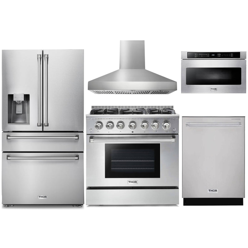 Thor Kitchen 5-Piece Pro Appliance Package - 36-Inch Gas Range with Liquid Propane Kit, Refrigerator with Water Dispenser, Pro-Style Wall Mount Hood, Dishwasher, & Microwave Drawer in Stainless Steel