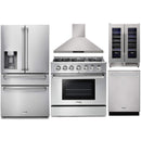 Thor Kitchen 5-Piece Pro Appliance Package - 36-Inch Gas Range with Liquid Propane Kit, Refrigerator with Water Dispenser, Wall Mount Hood, Dishwasher, & Wine Cooler in Stainless Steel