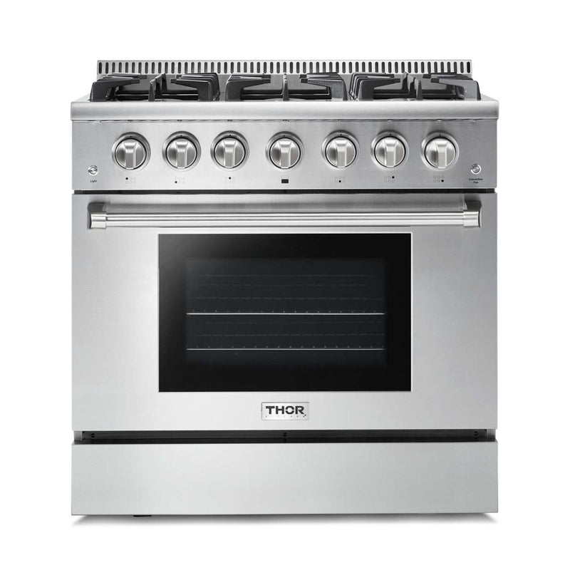 Thor Kitchen 5-Piece Pro Appliance Package - 36-Inch Gas Range with Liquid Propane Kit, Refrigerator with Water Dispenser, Pro-Style Wall Mount Hood, Dishwasher, & Wine Cooler in Stainless Steel