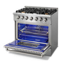 Thor Kitchen 5-Piece Pro Appliance Package - 36-Inch Gas Range with Liquid Propane Kit, Refrigerator with Water Dispenser, Wall Mount Hood, Dishwasher, & Wine Cooler in Stainless Steel