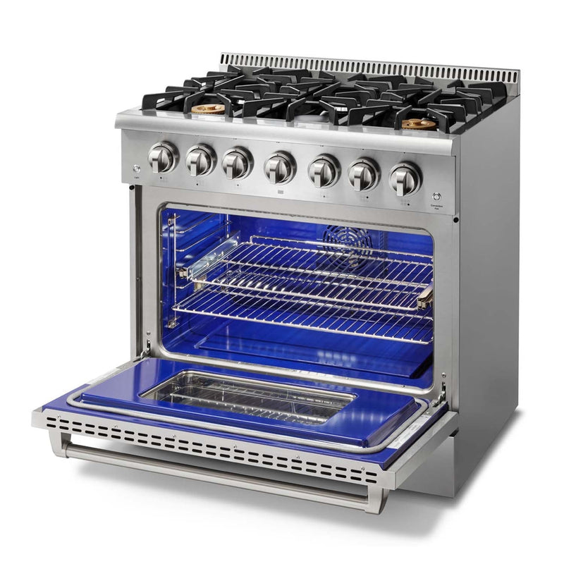 Thor Kitchen 5-Piece Pro Appliance Package - 36-Inch Gas Range with Liquid Propane Kit, Refrigerator with Water Dispenser, Pro-Style Wall Mount Hood, Dishwasher, & Wine Cooler in Stainless Steel
