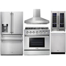 Thor Kitchen 5-Piece Pro Appliance Package - 36-Inch Gas Range with Liquid Propane Kit, Refrigerator with Water Dispenser, Pro-Style Wall Mount Hood, Dishwasher, & Wine Cooler in Stainless Steel