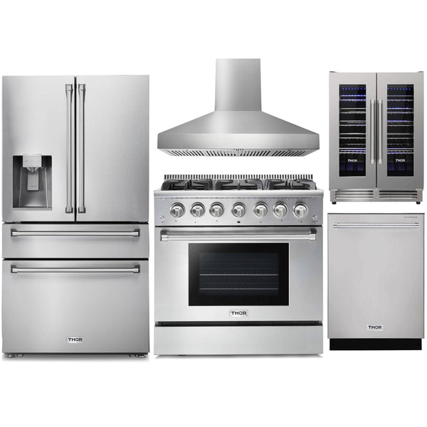 Thor Kitchen 5-Piece Pro Appliance Package - 36-Inch Gas Range with Liquid Propane Kit, Refrigerator with Water Dispenser, Pro-Style Wall Mount Hood, Dishwasher, & Wine Cooler in Stainless Steel