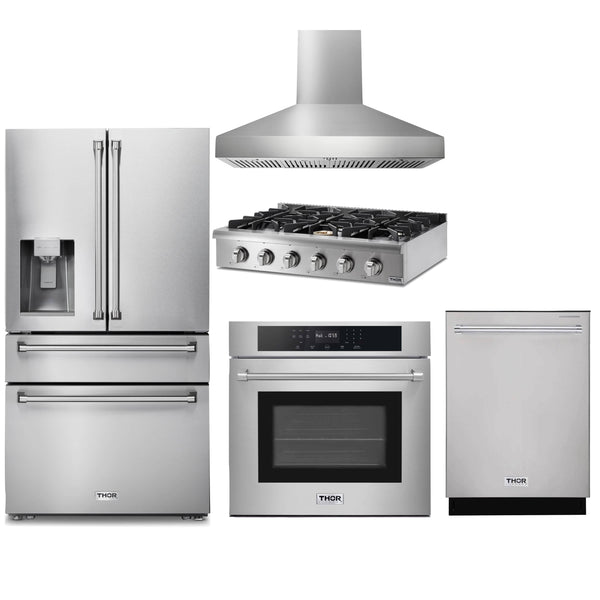 Thor Kitchen 5-Piece Pro Appliance Package - 36-Inch Rangetop with Liquid Propane Kit, Wall Oven, Pro-Style Wall Mount Hood, Dishwasher & Refrigerator with Water Dispenser in Stainless Steel