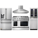 Thor Kitchen 5-Piece Pro Appliance Package - 48-Inch Dual Fuel Range with Liquid Propane Cooktop, Pro Wall Mount Hood, Refrigerator with Water Dispenser, Dishwasher, & Wine Cooler in Stainless Steel