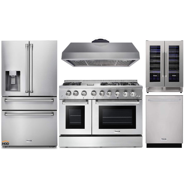Thor Kitchen 5-Piece Pro Appliance Package - 48-Inch Dual Fuel Range with Liquid Propane Cooktop, Under Cabinet 16.54" Tall Hood, Refrigerator with Water Dispenser, Dishwasher, & Wine Cooler in Stainless Steel