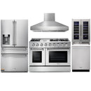 Thor Kitchen 5-Piece Pro Appliance Package - 48-Inch Gas Range with Liquid Propane Kit, Pro Wall Mount Hood, Refrigerator with Water Dispenser, Dishwasher, & Wine Cooler in Stainless Steel