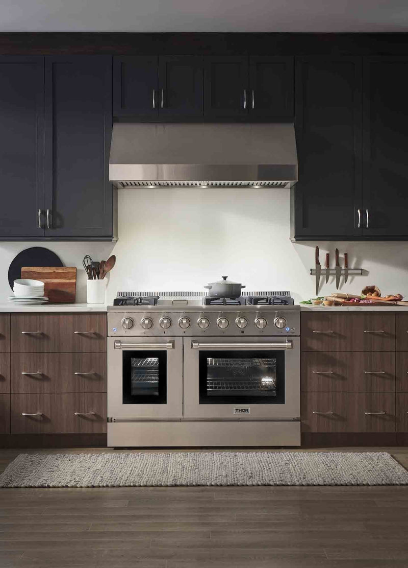Thor Kitchen 5-Piece Pro Appliance Package - 48-Inch Gas Range with Liquid Propane Kit, Refrigerator with Water Dispenser, Dishwasher, Under Cabinet 16.54" Tall Hood, & Microwave Drawer in Stainless Steel