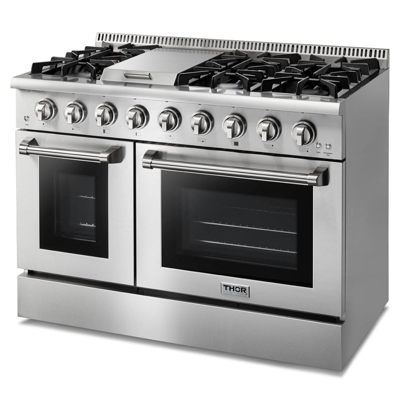 Thor Kitchen 5-Piece Pro Appliance Package - 48-Inch Gas Range with Liquid Propane Kit, Refrigerator with Water Dispenser, Dishwasher, Under Cabinet 16.54" Tall Hood, & Microwave Drawer in Stainless Steel