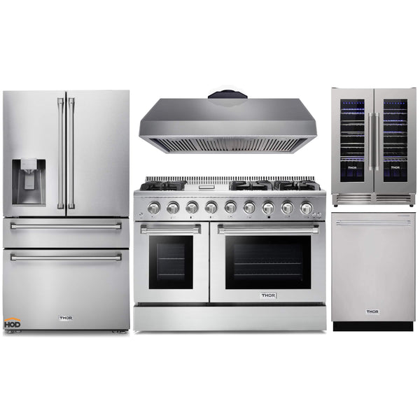 Thor Kitchen 5-Piece Pro Appliance Package - 48-Inch Gas Range with Liquid Propane Kit, Refrigerator with Water Dispenser, Dishwasher, Under Cabinet 16.54" Tall Hood, & Wine Cooler in Stainless Steel