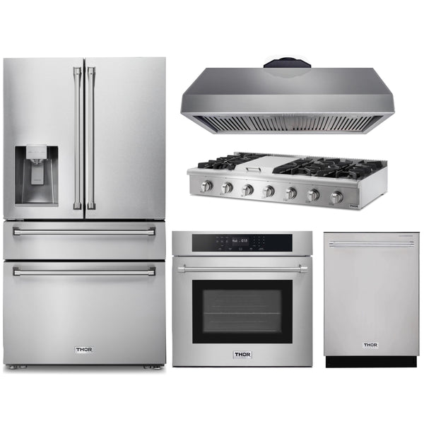 Thor Kitchen 5-Piece Pro Appliance Package - 48-Inch Rangetop with Liquid Propane Kit, Wall Oven, Under Cabinet 16.54" Tall Hood, Dishwasher & Refrigerator with Water Dispenser in Stainless Steel