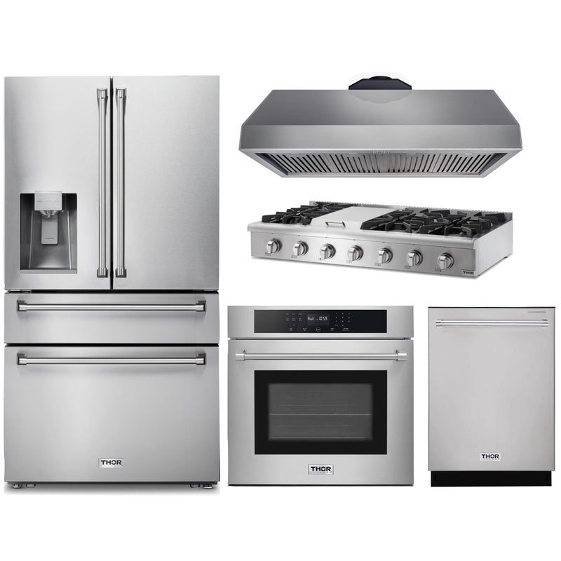 Thor Kitchen 5-Piece Pro Appliance Package - 48-Inch Rangetop with Liquid Propane Kit, Wall Oven, Under Cabinet 16.54" Tall Hood, Dishwasher & Refrigerator with Water Dispenser in Stainless Steel