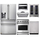 Thor Kitchen 6-Piece Appliance Package - 30-Inch Gas Range with Liquid Propane Kit, Refrigerator with Water Dispenser, Under Cabinet Hood, Dishwasher, Microwave Drawer, & Wine Cooler in Stainless Steel
