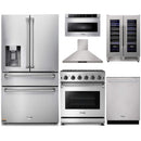Thor Kitchen 6-Piece Appliance Package - 30-Inch Gas Range with Liquid Propane Kit, Refrigerator with Water Dispenser, Wall Mount Hood, Dishwasher, Microwave Drawer, & Wine Cooler in Stainless Steel