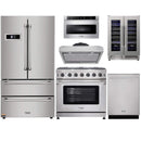 Thor Kitchen 6-Piece Appliance Package - 36-Inch Gas Range with Liquid Propane Kit, French Door Refrigerator, Under Cabinet Hood, Dishwasher, Microwave Drawer, and Wine Cooler in Stainless Steel