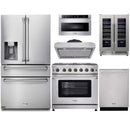 Thor Kitchen 6-Piece Appliance Package - 36-Inch Gas Range with Liquid Propane Kit, Refrigerator with Water Dispenser, Under Cabinet Hood, Dishwasher, Microwave Drawer, & Wine Cooler in Stainless Steel