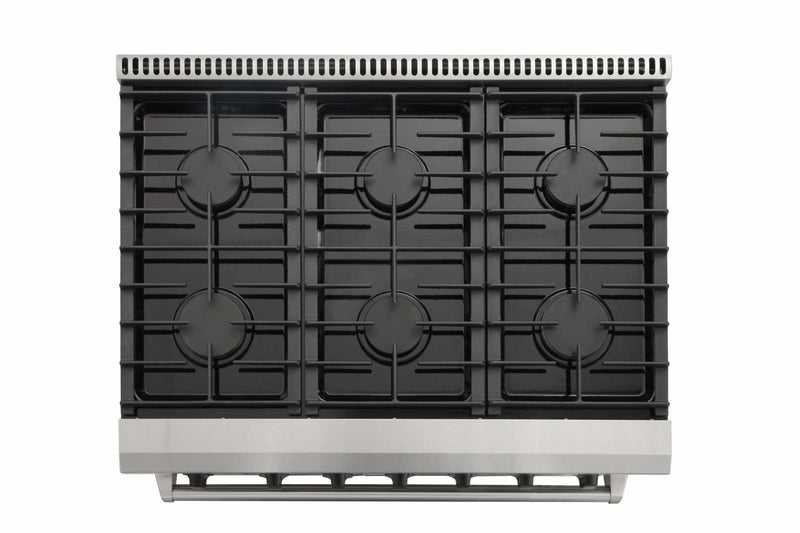 Thor Kitchen 6-Piece Appliance Package - 36-Inch Gas Range with Liquid Propane Kit, Refrigerator with Water Dispenser, Pro-Style Wall Mount Hood, Dishwasher, Microwave Drawer, & Wine Cooler in Stainless Steel