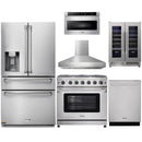 Thor Kitchen 6-Piece Appliance Package - 36-Inch Gas Range with Liquid Propane Kit, Refrigerator with Water Dispenser, Pro-Style Wall Mount Hood, Dishwasher, Microwave Drawer, & Wine Cooler in Stainless Steel