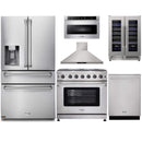 Thor Kitchen 6-Piece Appliance Package - 36-Inch Gas Range with Liquid Propane Kit, Refrigerator with Water Dispenser, Wall Mount Hood, Dishwasher, Microwave Drawer, & Wine Cooler in Stainless Steel