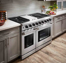 Thor Kitchen 6-Piece Appliance Package - 48-Inch Gas Range with Liquid Propane Kit, French Door Refrigerator, Pro Wall Mount Hood, Dishwasher, Microwave Drawer, and Wine Cooler in Stainless Steel