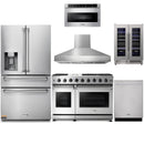 Thor Kitchen 6-Piece Appliance Package - 48-Inch Gas Range with Liquid Propane Kit, Refrigerator with Water Dispenser, Pro Wall Mount Hood, Dishwasher, Microwave Drawer, & Wine Cooler in Stainless Steel