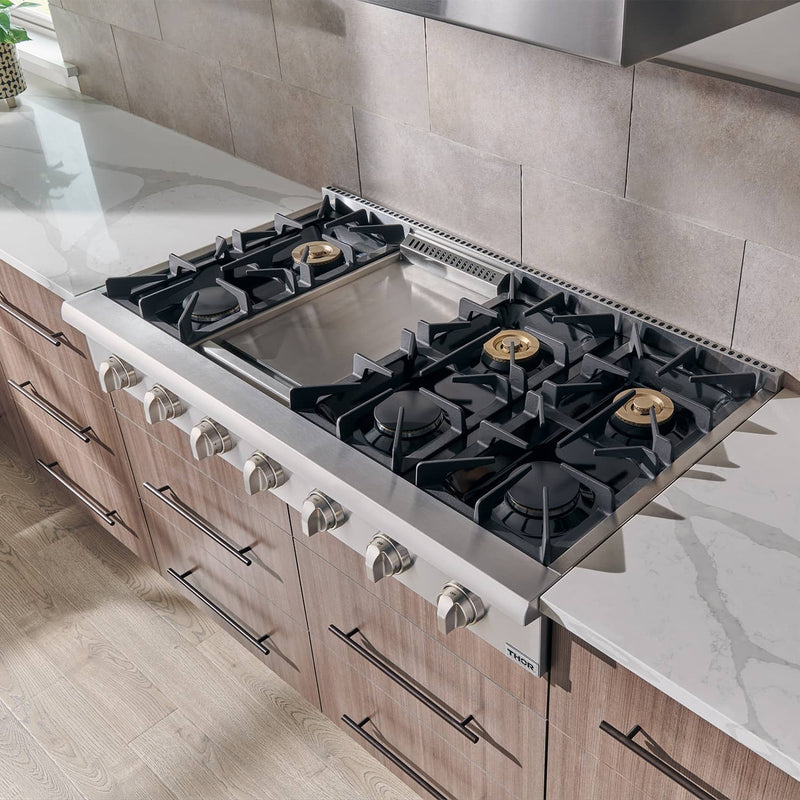 Thor Kitchen 6-Piece Appliance Package - 48-Inch Gas Range with Liquid Propane Kit, Wall Oven, Under Cabinet 16.54" Tall Hood, Refrigerator with Water Dispenser, Dishwasher, Microwave Drawer, & Wine Cooler in Stainless Steel