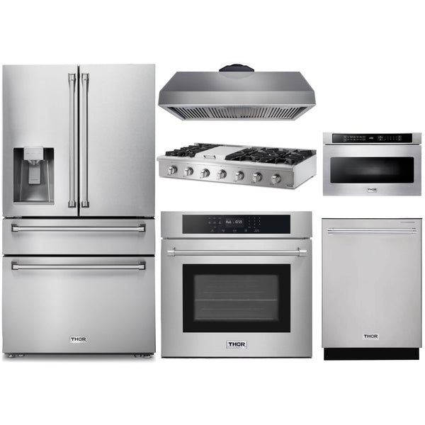 Thor Kitchen 6-Piece Appliance Package - 48-Inch Gas Range with Liquid Propane Kit, Wall Oven, Under Cabinet 16.54" Tall Hood, Refrigerator with Water Dispenser, Dishwasher, Microwave Drawer, & Wine Cooler in Stainless Steel