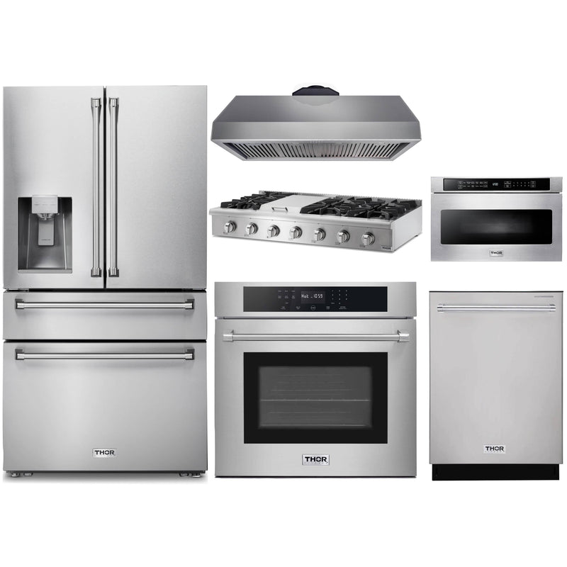 Thor Kitchen 6-Piece Appliance Package - 48-Inch Gas Range with Liquid Propane Kit, Wall Oven, Under Cabinet 16.54" Tall Hood, Refrigerator with Water Dispenser, Dishwasher, Microwave Drawer, & Wine Cooler in Stainless Steel