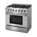 Thor Kitchen 6-Piece Pro Appliance Package - 36-Inch Gas Range with Liquid Propane Kit, French Door Refrigerator, Wall Mount Hood, Dishwasher, Microwave Drawer, & Wine Cooler in Stainless Steel