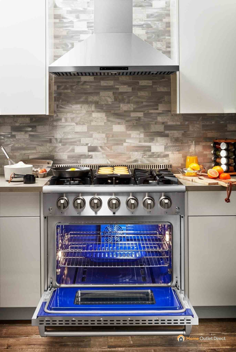 Thor Kitchen 6-Piece Pro Appliance Package - 36-Inch Dual Fuel Range with Liquid Propane Cooktop, Refrigerator with Water Dispenser, Pro-Style Wall Mount Hood, Dishwasher, Microwave Drawer, & Wine Cooler in Stainless Steel