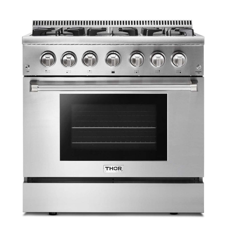 Thor Kitchen 6-Piece Pro Appliance Package - 36-Inch Dual Fuel Range with Liquid Propane Cooktop, Refrigerator with Water Dispenser, Pro-Style Wall Mount Hood, Dishwasher, Microwave Drawer, & Wine Cooler in Stainless Steel