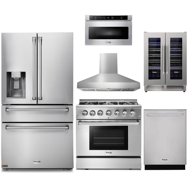 Thor Kitchen 6-Piece Pro Appliance Package - 36-Inch Dual Fuel Range with Liquid Propane Cooktop, Refrigerator with Water Dispenser, Pro-Style Wall Mount Hood, Dishwasher, Microwave Drawer, & Wine Cooler in Stainless Steel