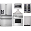 Thor Kitchen 6-Piece Pro Appliance Package - 36-Inch Dual Fuel Range with Liquid Propane Cooktop, Refrigerator with Water Dispenser, Wall Mount Hood, Dishwasher, Microwave Drawer, & Wine Cooler in Stainless Steel