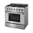 Thor Kitchen 6-Piece Pro Appliance Package - 36-Inch Gas Range with Liquid Propane Kit, Refrigerator with Water Dispenser, Wall Mount Hood, Dishwasher, Microwave Drawer, & Wine Cooler in Stainless Steel