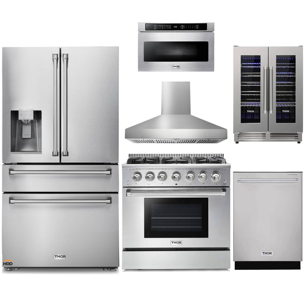 Thor Kitchen 6-Piece Pro Appliance Package - 36-Inch Gas Range with Liquid Propane Kit, Refrigerator with Water Dispenser, Pro-Style Wall Mount Hood, Dishwasher, Microwave Drawer, & Wine Cooler in Stainless Steel