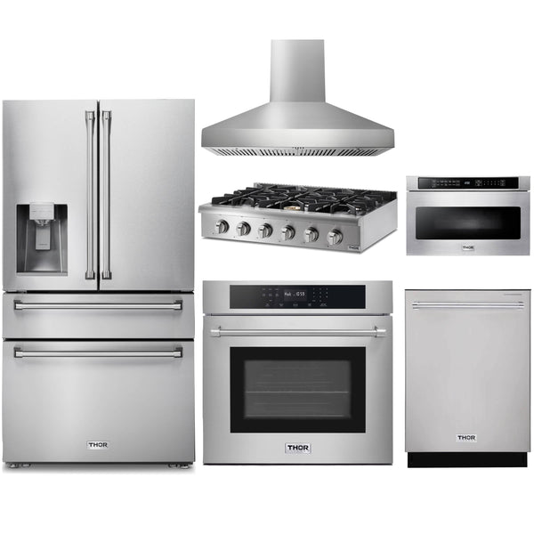 Thor Kitchen 6-Piece Pro Appliance Package - 36-Inch Rangetop with Liquid Propane Kit, Wall Oven, Pro -Style Wall Mount Hood, Refrigerator with Water Dispenser, Dishwasher, & Microwave in Stainless Steel