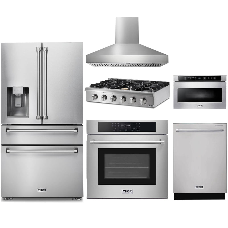Thor Kitchen 6-Piece Pro Appliance Package - 36-Inch Rangetop with Liquid Propane Kit, Wall Oven, Pro -Style Wall Mount Hood, Refrigerator with Water Dispenser, Dishwasher, & Microwave in Stainless Steel