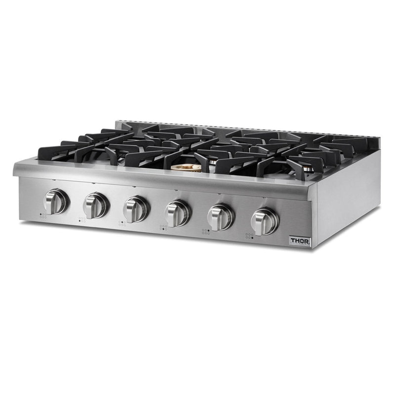 Thor Kitchen 6-Piece Pro Appliance Package - 36-Inch Rangetop with Liquid Propane Kit, Wall Oven, Pro -Style Wall Mount Hood, Refrigerator with Water Dispenser, Dishwasher, & Microwave in Stainless Steel