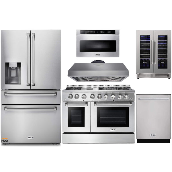 Thor Kitchen 6-Piece Pro Appliance Package - 48-Inch Dual Fuel Range with Liquid Propane Cooktop, Refrigerator with Water Dispenser, Dishwasher, Under Cabinet 16.54" Tall Hood, Microwave Drawer, & Wine Cooler in Stainless Steel