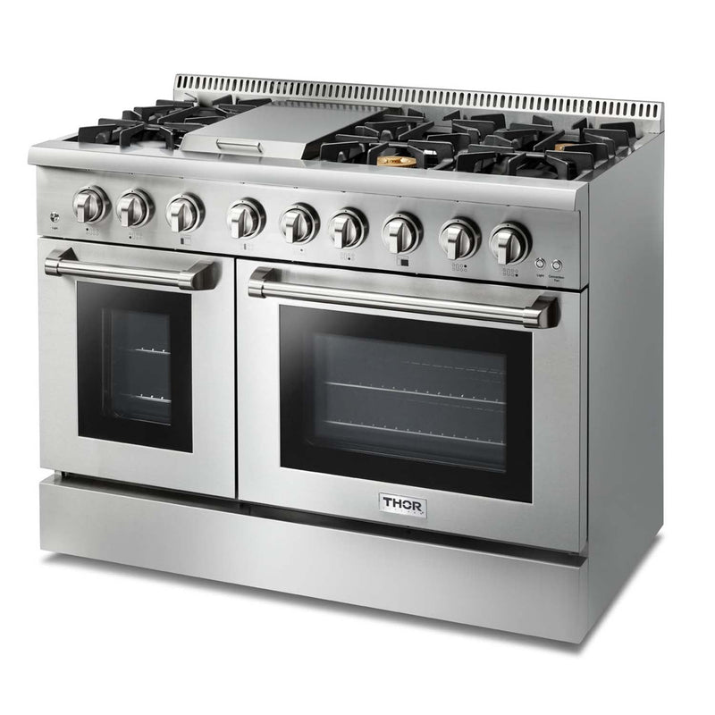 Thor Kitchen 6-Piece Pro Appliance Package - 48-Inch Dual Fuel Range with Liquid Propane Cooktop, Refrigerator with Water Dispenser, Dishwasher, Under Cabinet 16.54" Tall Hood, Microwave Drawer, & Wine Cooler in Stainless Steel